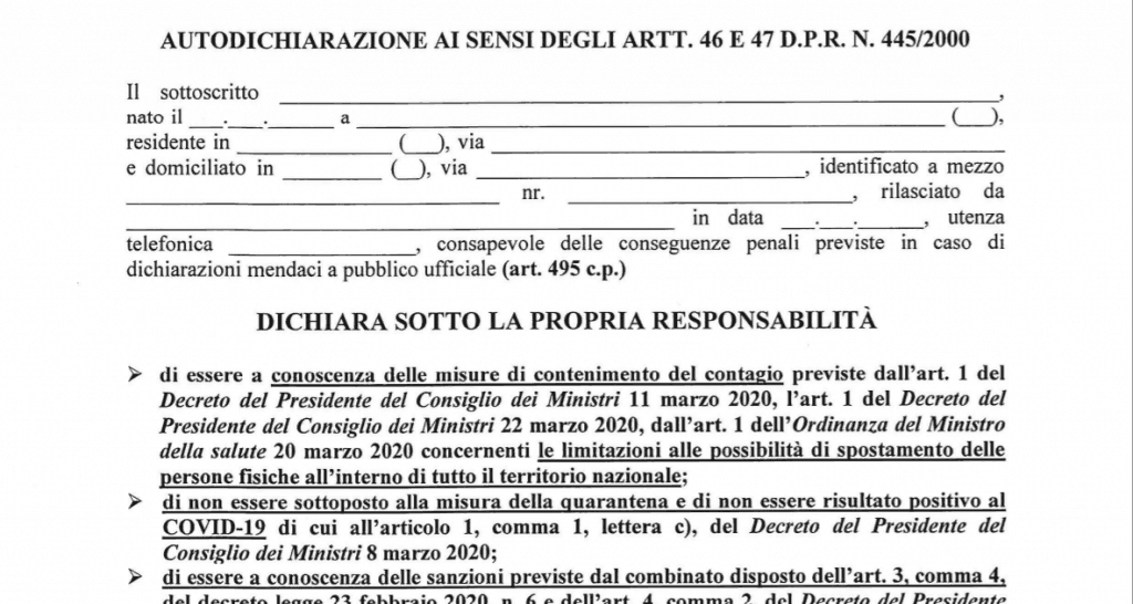 AUTOCERTIFICAZIONE DOPO NUOVO DPCM 16 GENNAIO 2021: QUANDO SERVE E COME