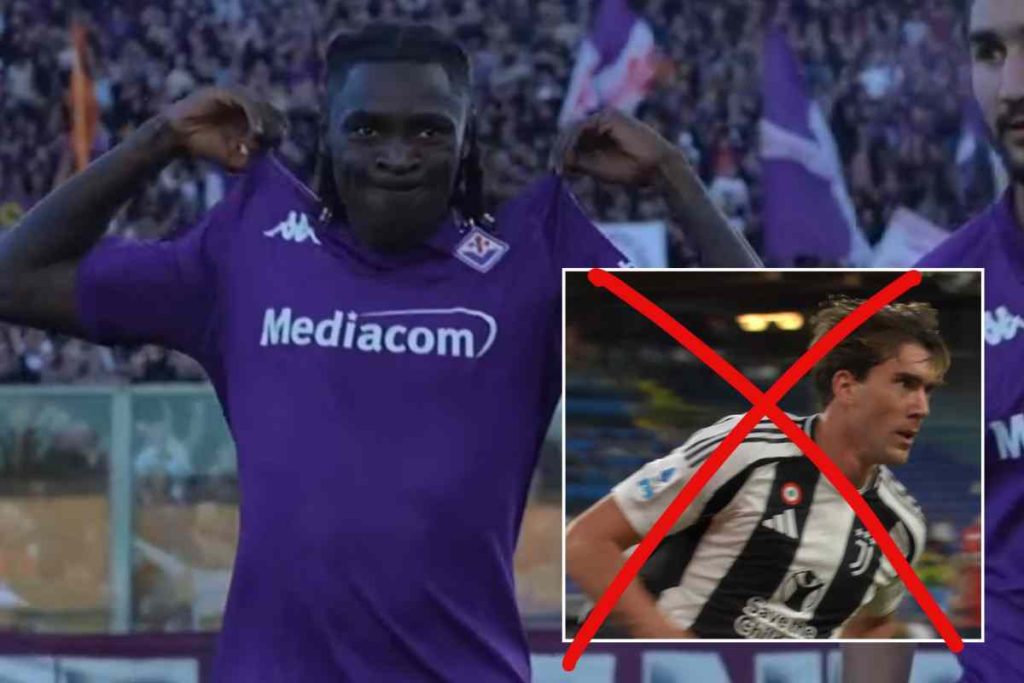 Moise Kean, attaccante della Fiorentina, e Dusan Vlahovic, attaccante della Juventus