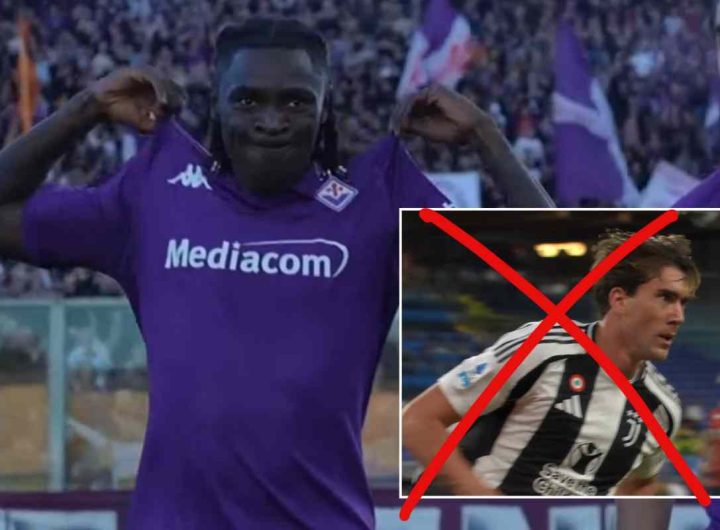 Moise Kean, attaccante della Fiorentina, e Dusan Vlahovic, attaccante della Juventus