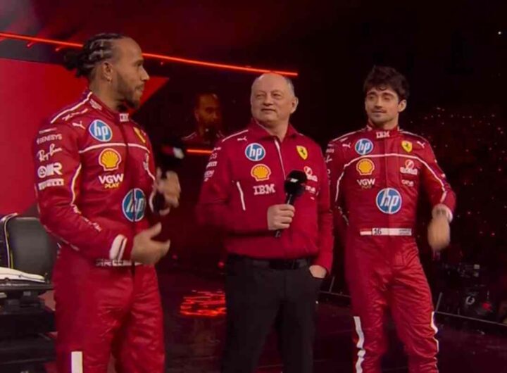 Lewis Hamilton e Charles Leclerc, piloti Ferrari, e Fred Vasseur, team principal Ferrari